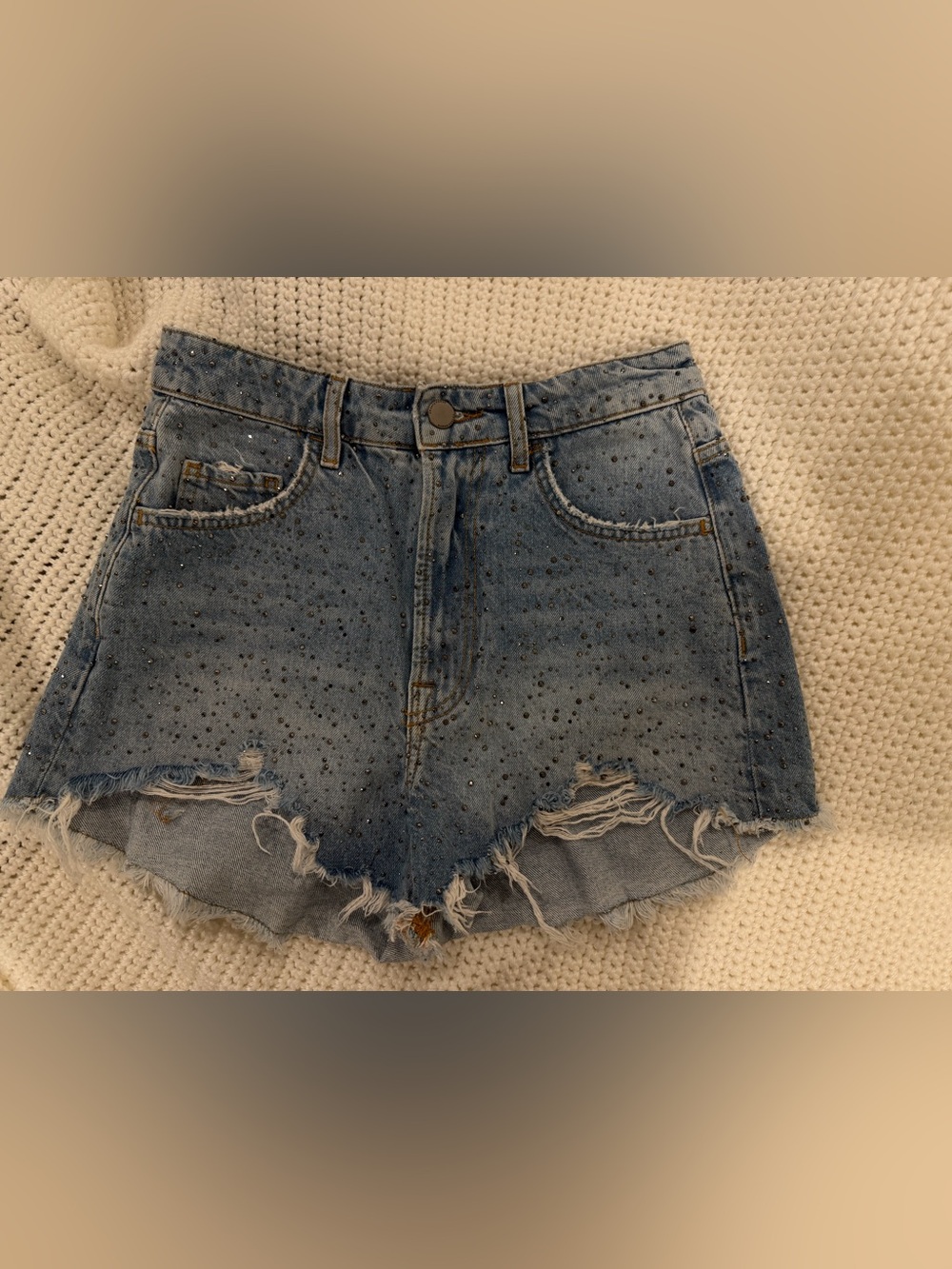 Zara Light Blue Distressed Jean Shorts with Speckle Detail